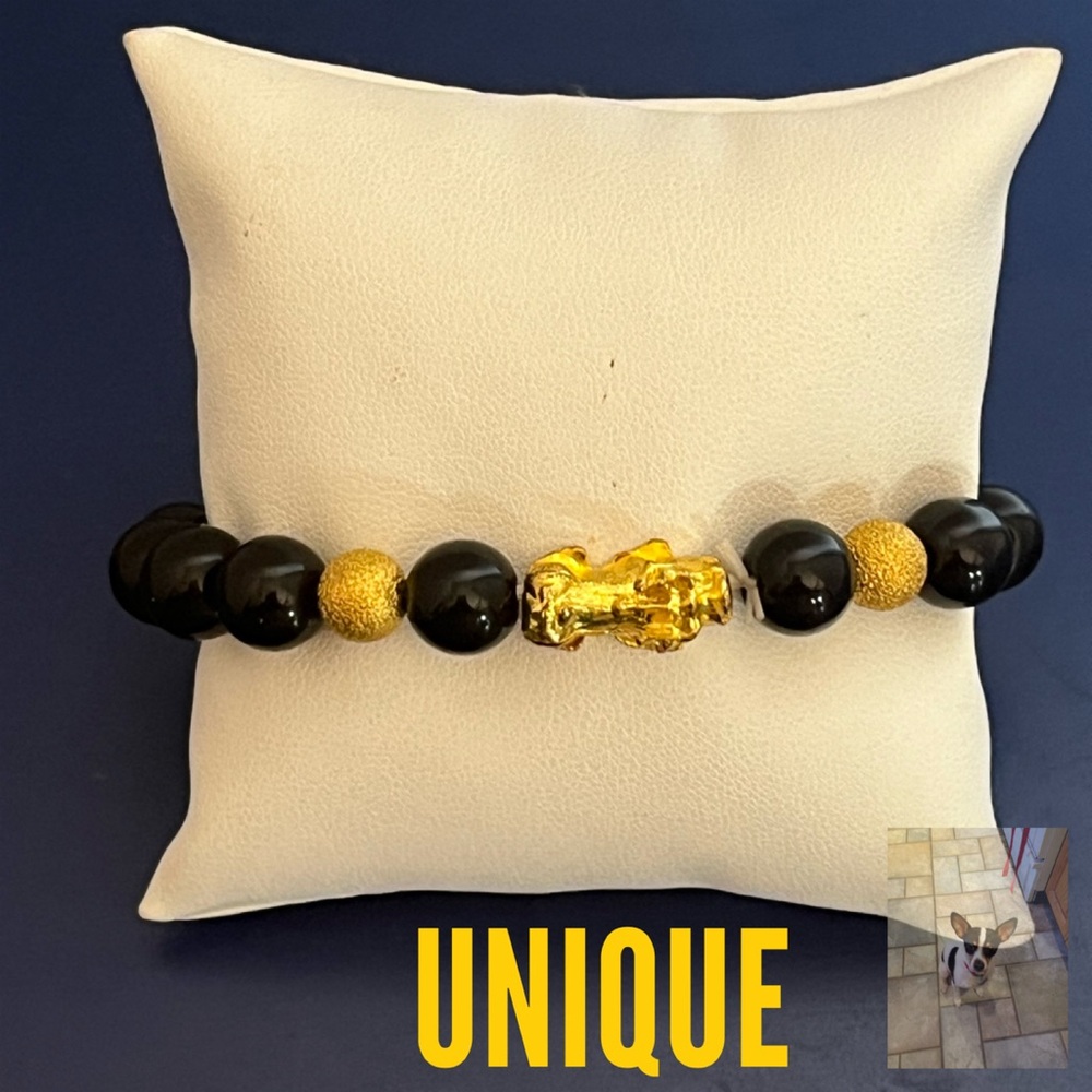 Black Glass Bead Stretch Bracelet With Dragon Charm